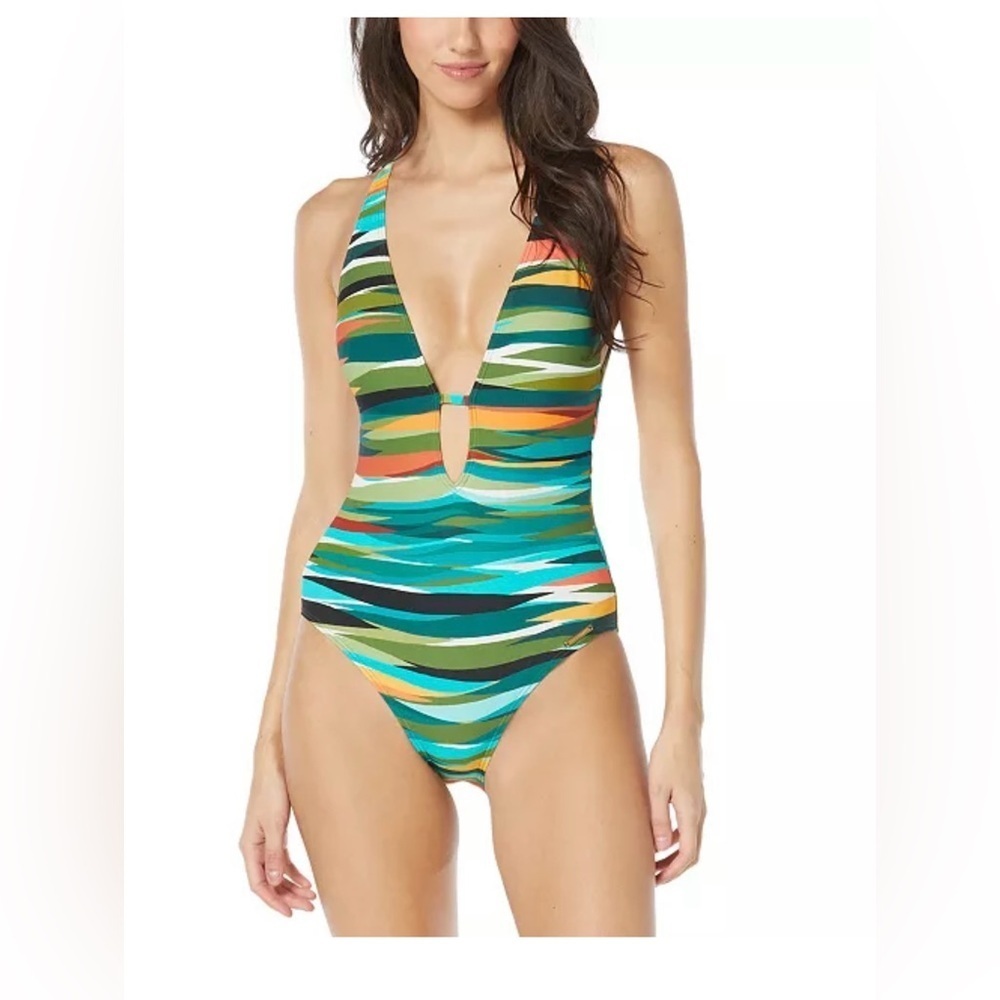 NWT Vince Camuto Women's Printed Plunge One-Piece Swimsuit size 14